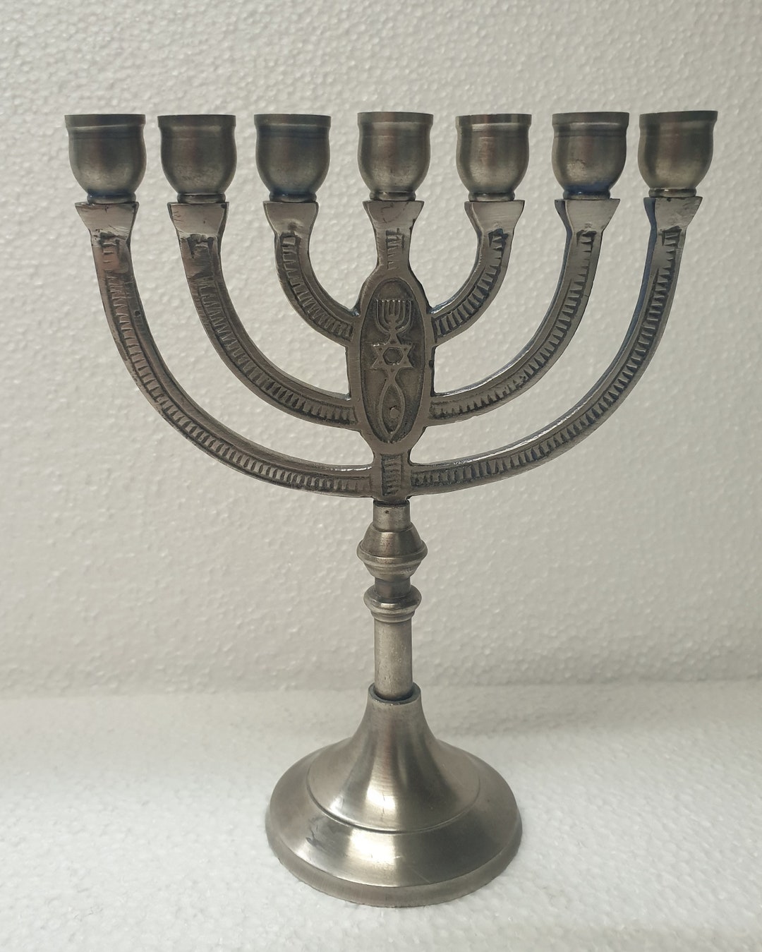 Menorah Red Piuter Small Seven Branches Menorah With Graftitin Symble + Red Strim ...