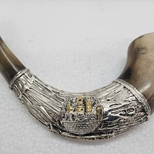 Sterling Silver Rams Horn Shofar With Round Jerusalem Model + Bag + Insructions Book