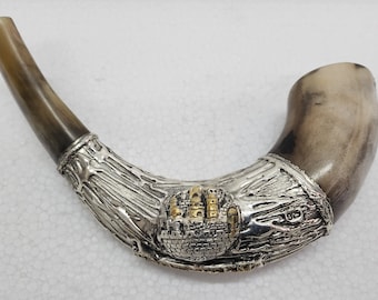 Sterling Silver Rams Horn Shofar With Round Jerusalem Model + Bag + Insructions Book