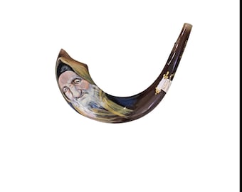 Hand-Painted Ram Horn Shofar - The Baba Sally Rabbi + Free Stand