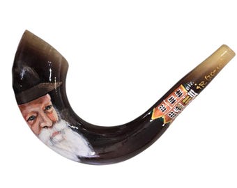 Hand-Painted Ram Horn Shofar - "The Rabbi" + Shofar Tips Stand