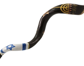 Hand-Painted Yemenite Kudu Shofar "Menorah, Magen David And Israel Flag"