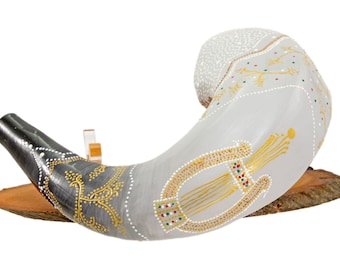 Hand-Painted Ram's Shofar Features King David's Lyre + Free Stand