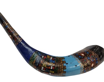 Hand Painted Ram's Horn Shofar With Blue View of Jerusalem+Bag