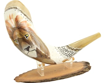 Hand-Painted Ram Horn Shofar - Lion Of Judah Shofar +Free Stand
