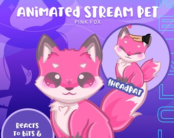 Fox Animated Stream Pet Pink greets chatters reacts to subs and bits for twitch twitch streamers streaming animated digital asset