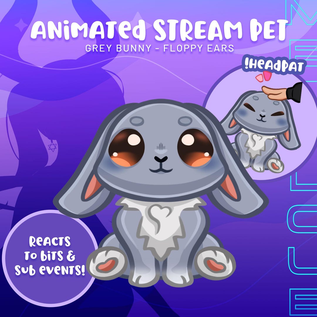 Grey Bunny Floppy Ears Animated Stream Pet Greets Chatters Reacts to ...