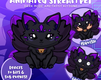 Kitsune Dark Mode Amethyst Stream Pet REACTS TO CHAT greets chatters reacts to subs and bits for twitch streamers streaming animated