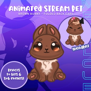 Brown Bunny Folded Back Ears Animated Stream Pet greets chatters reacts to subs and bits for twitch streamers streaming animated asset