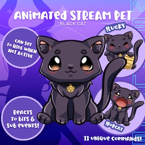 インタラクティブな黒猫のストリームペット: チャットリアクション、挨拶、サブ、ビットの応答 - Twitch ストリーマー向けのアニメーションデジタルアセット