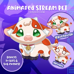 Interactive Ginger Cow Stream Pet: Chat Reactions, Greetings, Subs & Bits Response - Animated Digital Asset for Twitch Streamers