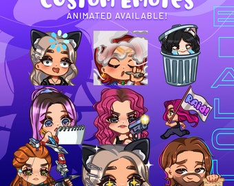 Puede incluir: Una colección de emotes personalizados animados con varios personajes con diferentes expresiones y accesorios. Los emotes están diseñados en un estilo de dibujos animados con colores brillantes y contornos audaces. El texto "CUSTOM EMOTES ANIMATED AVAILABLE!" se muestra en la parte superior de la imagen.