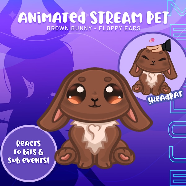 Brown Bunny Floppy Ears Animated Stream Pet greets chatters reacts to subs and bits for twitch streamers streaming animated digital asset