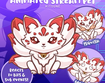 Interactive Kitsune Stream Pet: Chat Reactions, Greetings, Subs & Bits Response - Animated Digital Asset for Twitch Streamers