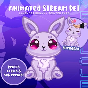 Lavender Bunny Pointed Ears Animated Stream Pet greets chatters reacts to subs and bits for twitch streamers streaming animated asset