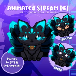 Interactive Arctic Dark Mode Kitsune Stream Pet: Reacts to subs and bits, greets new chatters - Animated Digital Asset for Twitch Streamers