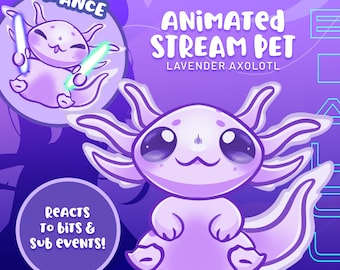 Axolotl Lavender Animated Stream Pet Pink greets chatters reacts to subs and bits for twitch streamers streaming animated digital asset