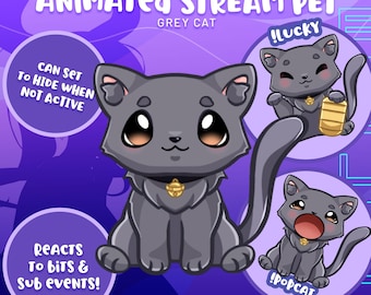 May include: Animated grey cat stream pet with 11 unique commands. The cat is sitting with a bell around its neck. The cat is animated and reacts to bits and sub events. The cat can be set to hide when not active. The cat is shown in three different poses: sitting, with a surprised expression, and holding a gold coin.