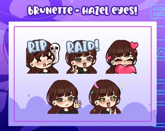 5 Emote Bundle Chibi Style Hazel Eyes Brunette perfect for Discord, Twitch, Dlive, Streamer Artwork