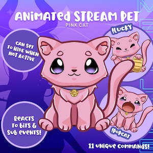 Puede incluir: Mascota de transmisión animada de gato rosa con 11 comandos únicos. El gato está sentado con una campana alrededor del cuello. El gato tiene diferentes expresiones, incluyendo feliz, sorprendido y con una campana. El texto "!lucky" y "!popcat" es visible en la imagen.