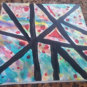 May include: Abstract painting on canvas with black lines and red dots on a colorful background.
