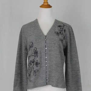 Vintage J. Jill Embroidered Merino Wool Cardigan Sweater with Mother of Pear Buttons 1990s Size small