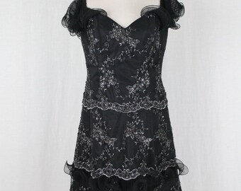 Vintage Claire Dickson Boutique Black and Silver Tulle Lace Tiered Formal Party Dress New with tags 8