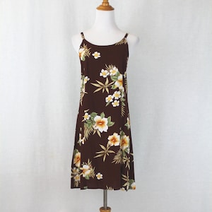 Vintage 1990&#39;s Tiki Tropical Plumeria Print Rayon Sundress Dress Made in Indonesia Small