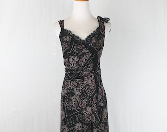 Vintage Betsey Johnson Black and Pink Floral Print Silk Chiffon Dress With Lace Trim 4 Small