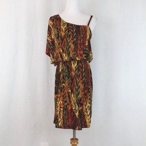 Vintage Emma Michele Orange & Brown One Shoulder Draped Jersey Dress Y2k Small 4 6