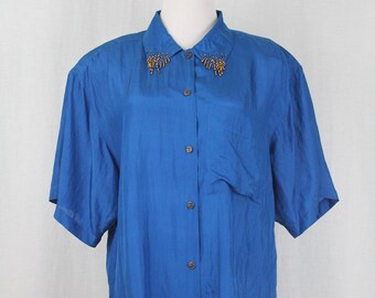 Vintage Carole Little Beaded Turquoise Blue Silk Blouse Top Button Front Shirt with Gold Beaded Collar 8 M 1990