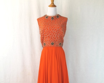 Vintage MIKE BENET 1960's Beaded Orange Chiffon Full Length Gown