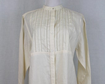 Ralph Lauren Vintage Linen Pin-tucked Mandarin Collar Tuxedo Shirt M-L