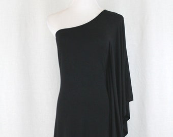Vintage EXPRESS Schwarz Viskose Jersey Grecian Toga Kleid One Shoulder Kleid XS