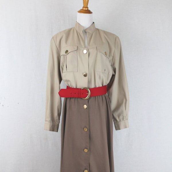 VINTAGE 70s SAFARI SHIRT CREAM KHAKI BEIGE BELTED 14