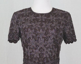 Vintage Adrianna Pall Perlen besticktes Seiden Top: 1990er Jahre Blumen Design