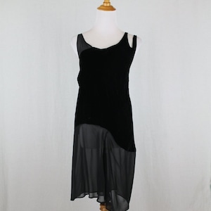 Vintage COTELAC Paris Black Silk Velvet and Chiffon Sleeveless Flapper Dress XS