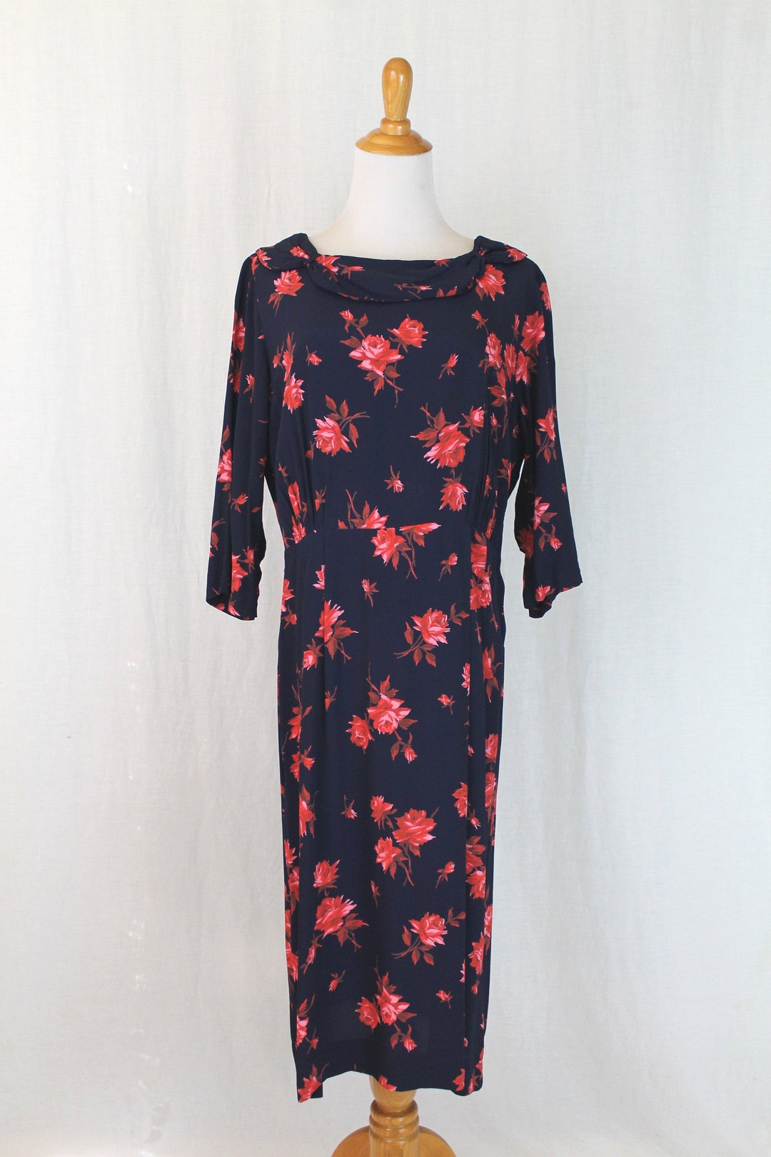 1940s Red and Blue Rose Print Silk Dress Size Medium - Etsy