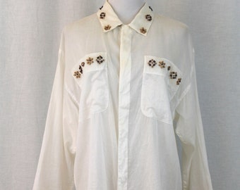 Vintage Liz Claiborne LizWear Beaded Cotton Voile Oversized Utility Shirt Size Medium Wood Beaded Top Beach Coverup 80's 90s