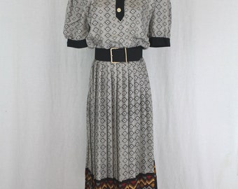 Vintage Adrianna Papell Mid Calf Puffy Sleeve Pleated Silk Midi Dress