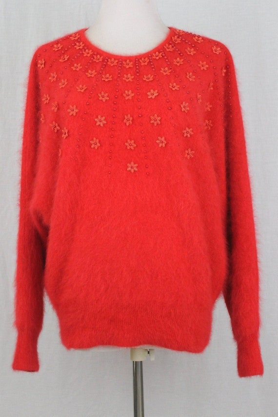 Vintage Floral Beaded Angora Dolmen Sleeve Pullov… - image 2