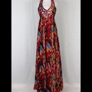 Vintage Adrianna Papell Long Chiffon Maxi Gown Red Multi colored Jeweled Halter Dress 6