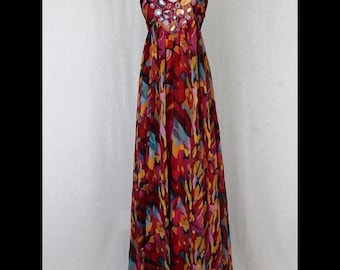 Vintage Adrianna Papell Long Chiffon Maxi Gown Red Multi colored Jeweled Halter Dress 6
