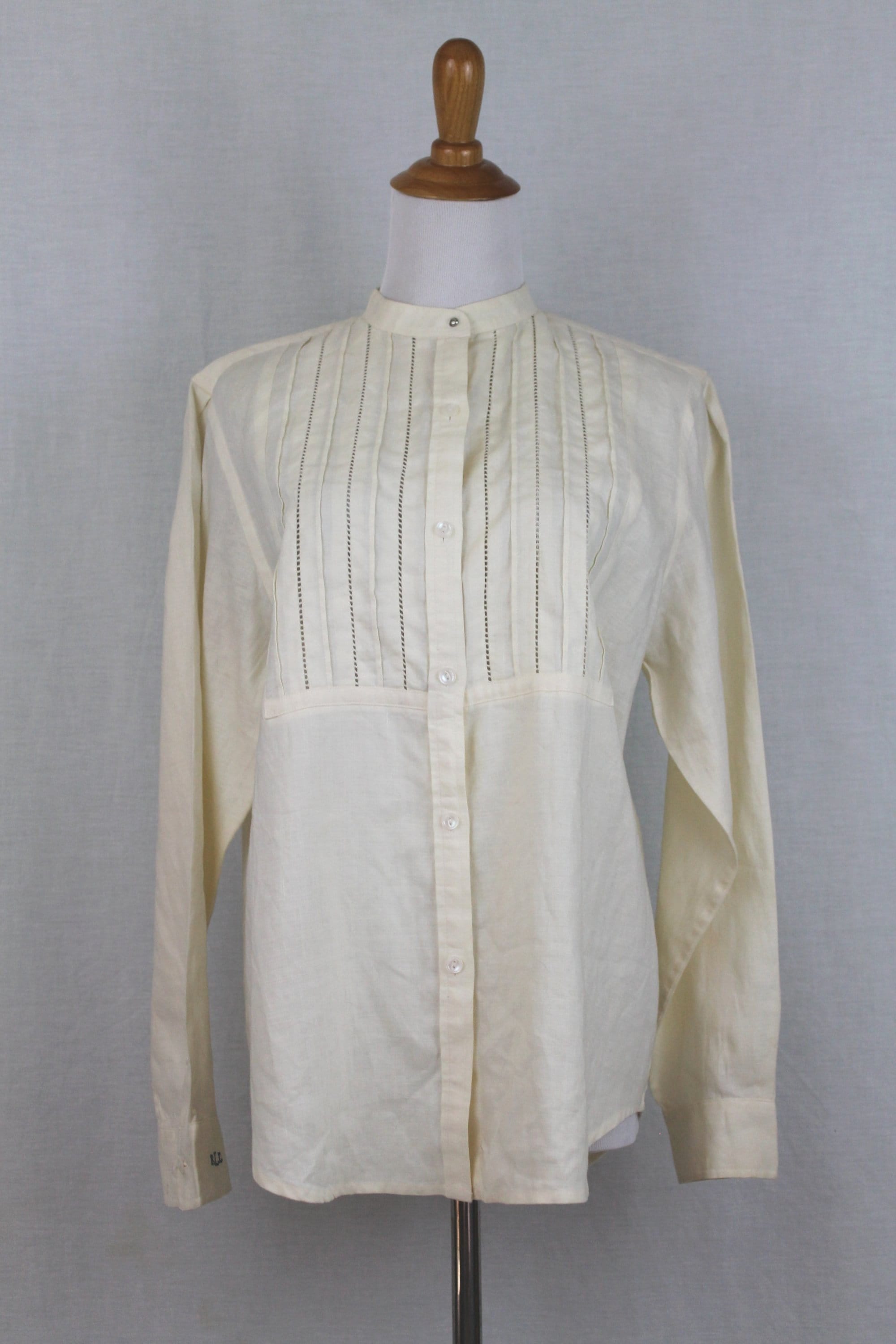 Ralph Lauren Vintage Linen Pin-tucked Mandarin Collar Tuxedo Shirt M-L