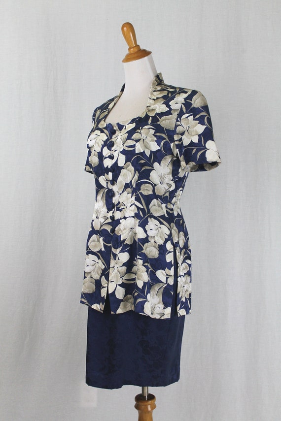 Vintage Adrianna Papell Blue Floral Silk Peplum Sheat… - Gem