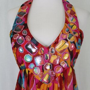 Vintage Adrianna Papell Long Chiffon Maxi Gown Red Multi colored Jeweled Halter Dress 6 image 5