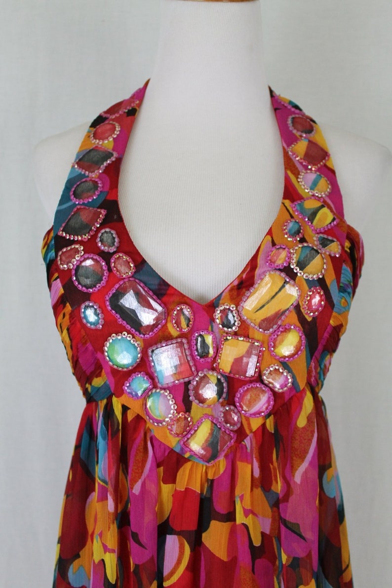 Vintage Adrianna Papell Long Chiffon Maxi Gown Red Multi colored Jeweled Halter Dress 6 image 5