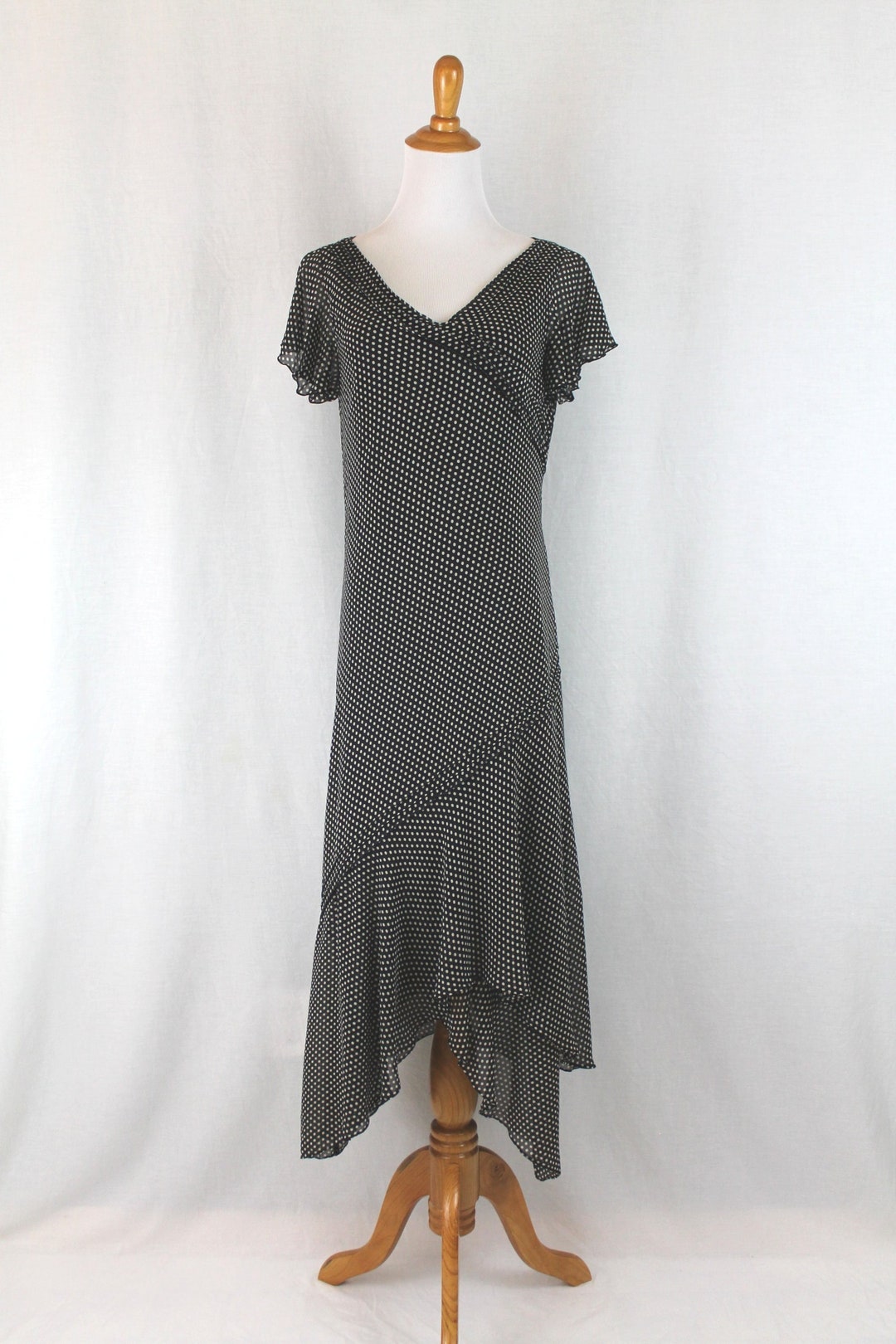 Vintage Adrianna Papell Black & White Polka Dot Silk Dress 1920
