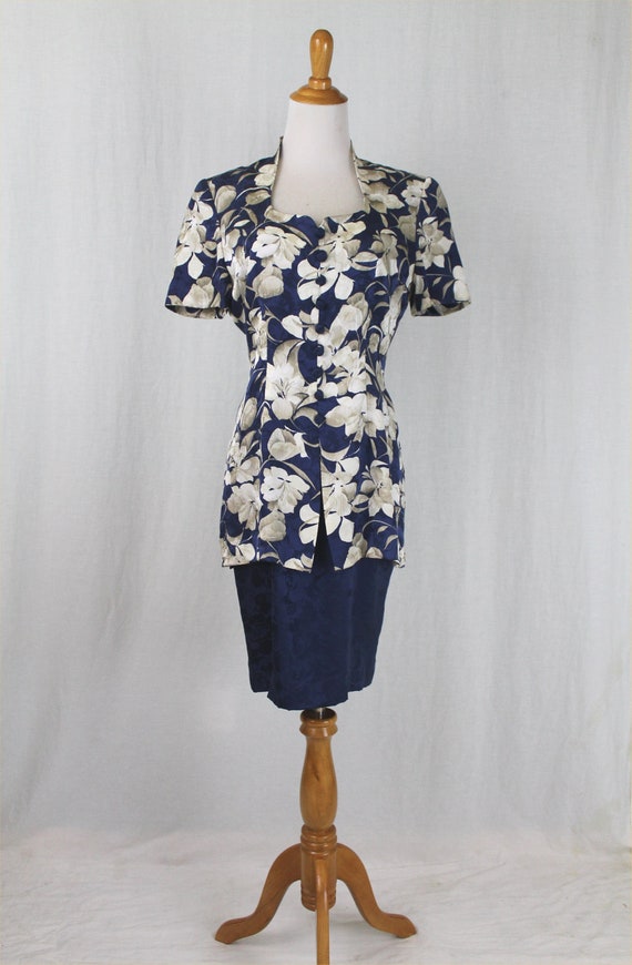 Vintage Adrianna Papell Blue Floral Silk Peplum S… - image 1