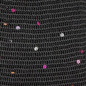 May include: Black fabric with a textured pattern and scattered sequins in pink, white, and orange.